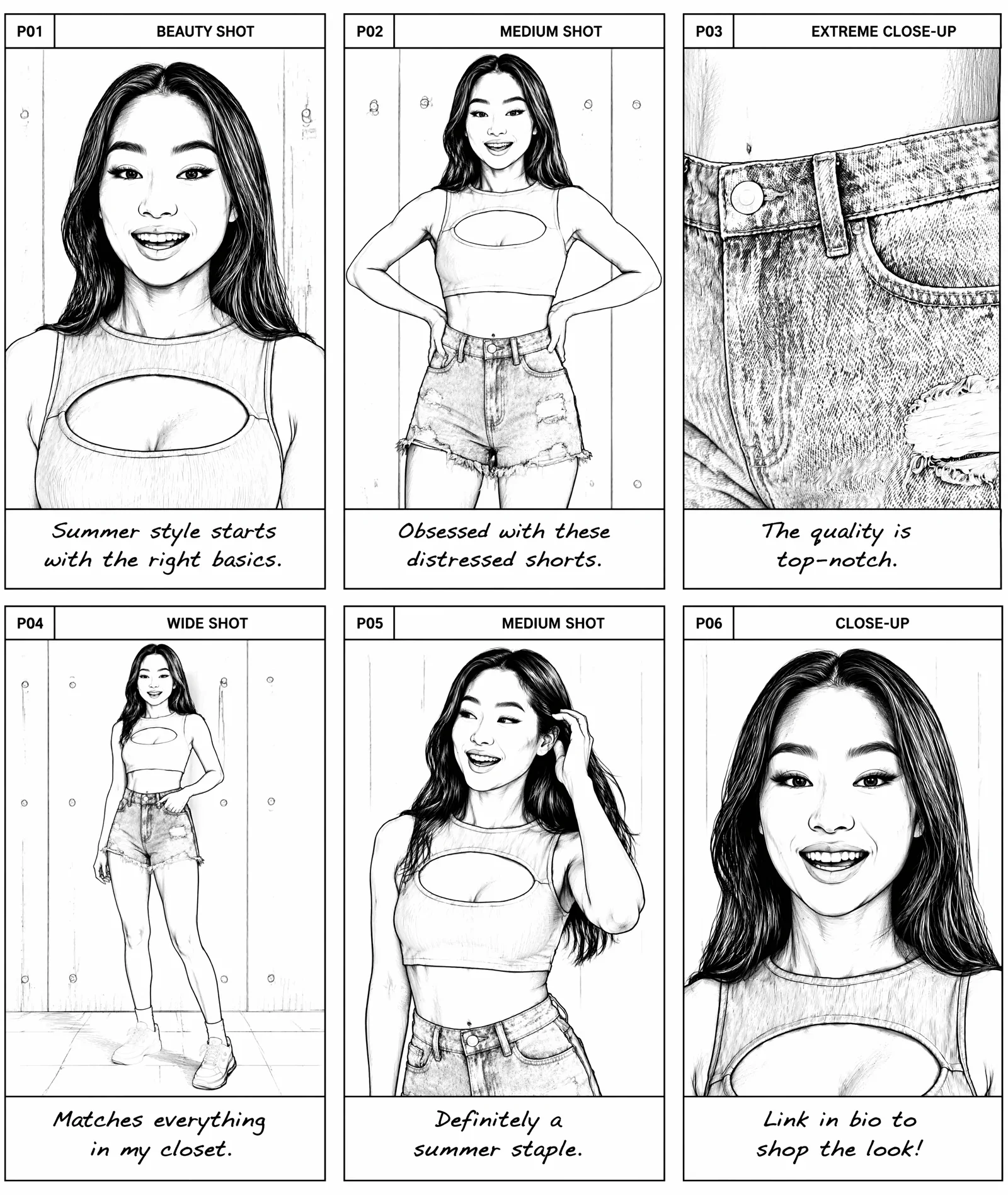 AI-generated storyboard sheet from product and model reference images